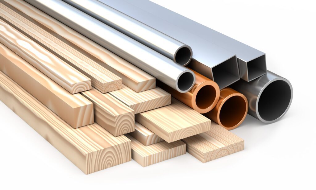 An image of wood and metal beams used in constructing buildings.
