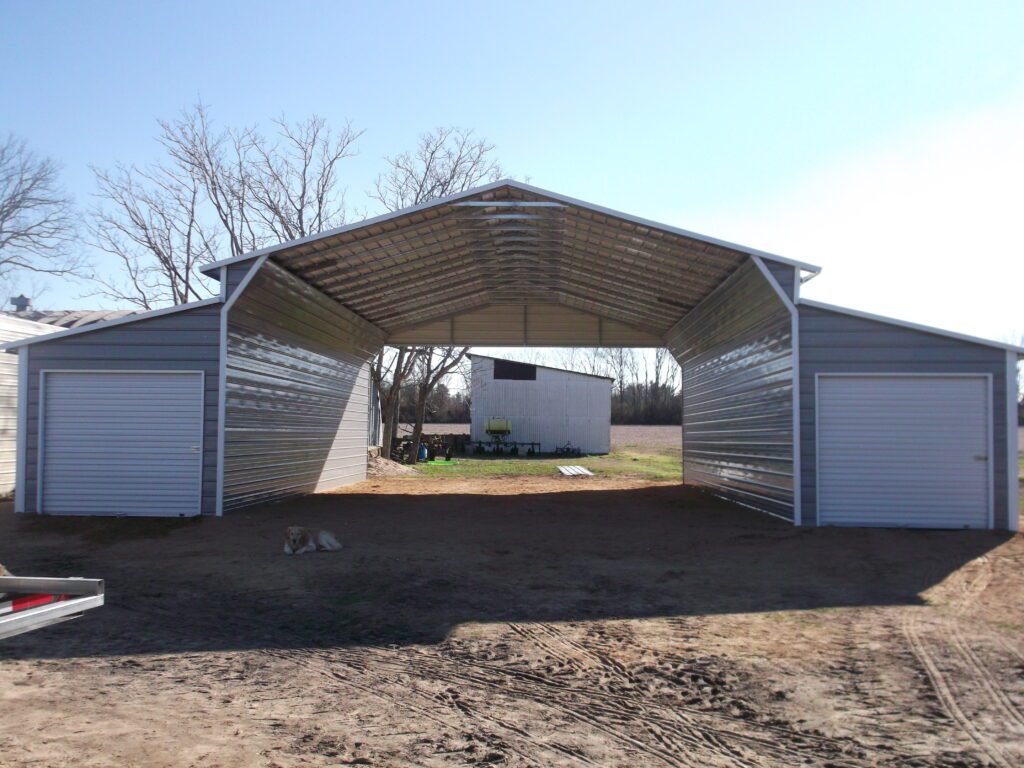 Traditional Barn with closed lean to's with rollup doors, open center section