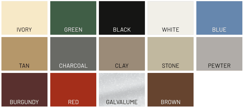 A set of 16 color swatches for metal carport walls and roofs.